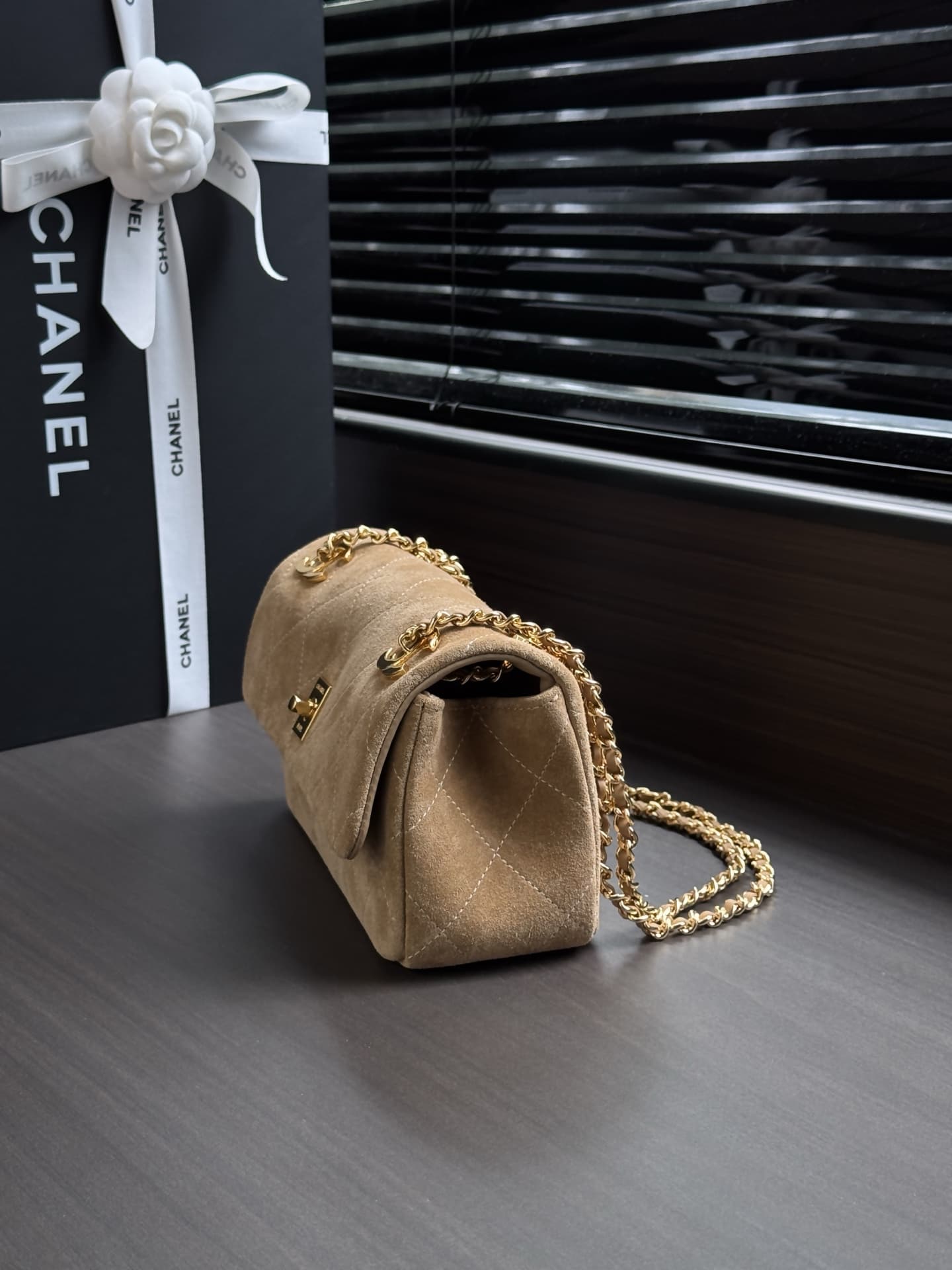 Chanel Flap Bag Suede Calfskin & Gold-Tone Metal Beige AS6449 A