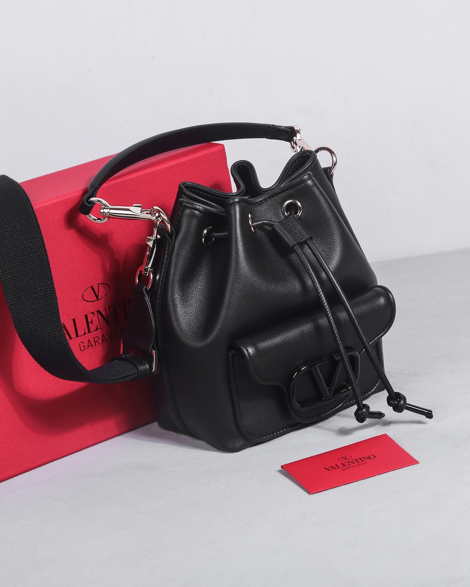 Valentino Garavani Locò calfskin leather bucket bag in black 22058 High