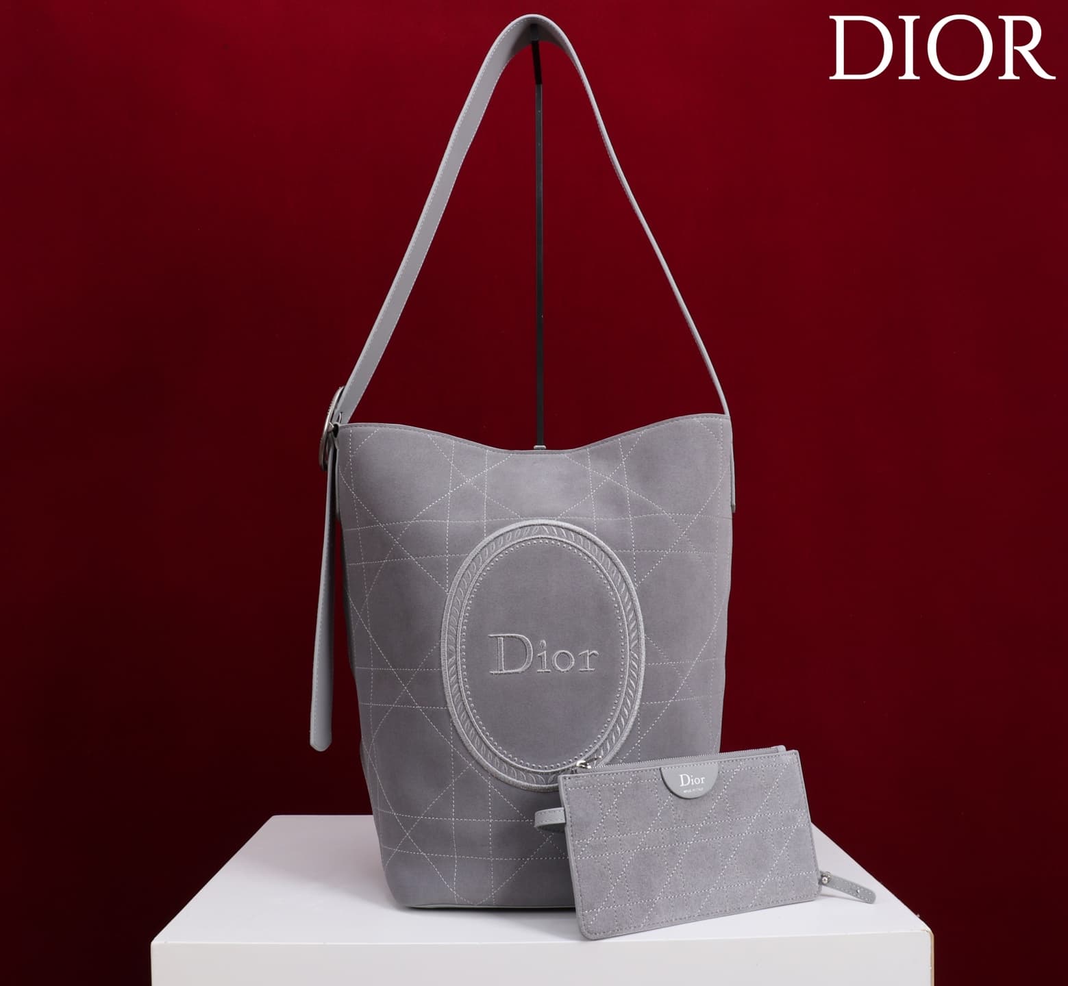 Dior Macrocannage Grey Suede Leather Medium Bucket Bag High
