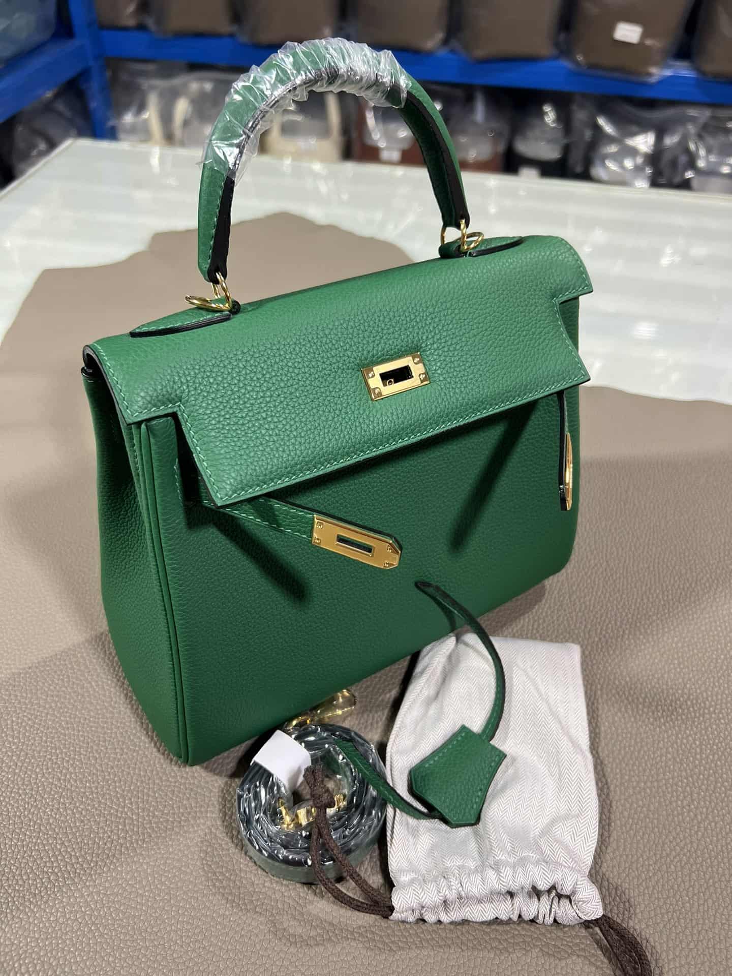 Hermes Kelly 25/28/32cm Retourne Bag Togo Leather In Malachite WAX High