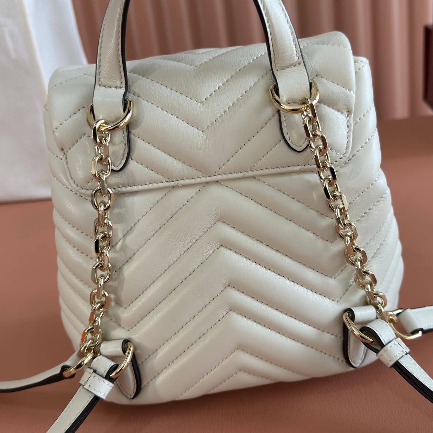 Gucci GG Marmont Mini Backpack White Matelassé Chevron Nappa Leather 855921 High
