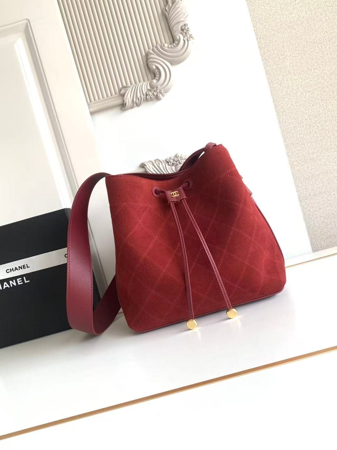 Chanel Small Bucket Bag Suede Calfskin & Gold-Tone Metal Burgundy AS6584 A