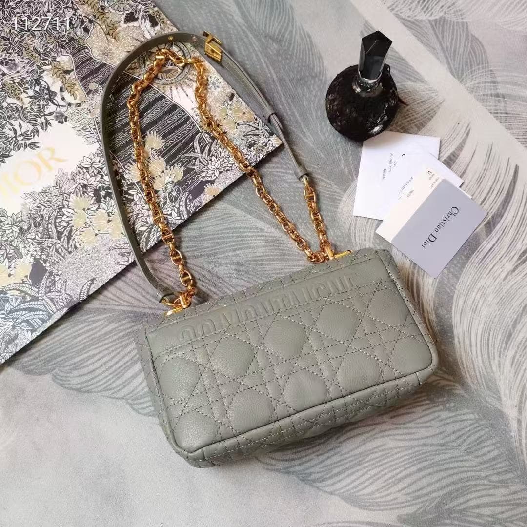 Small Dior CARO BAG Supple Cannage Gold Metal Calfskin Grey High