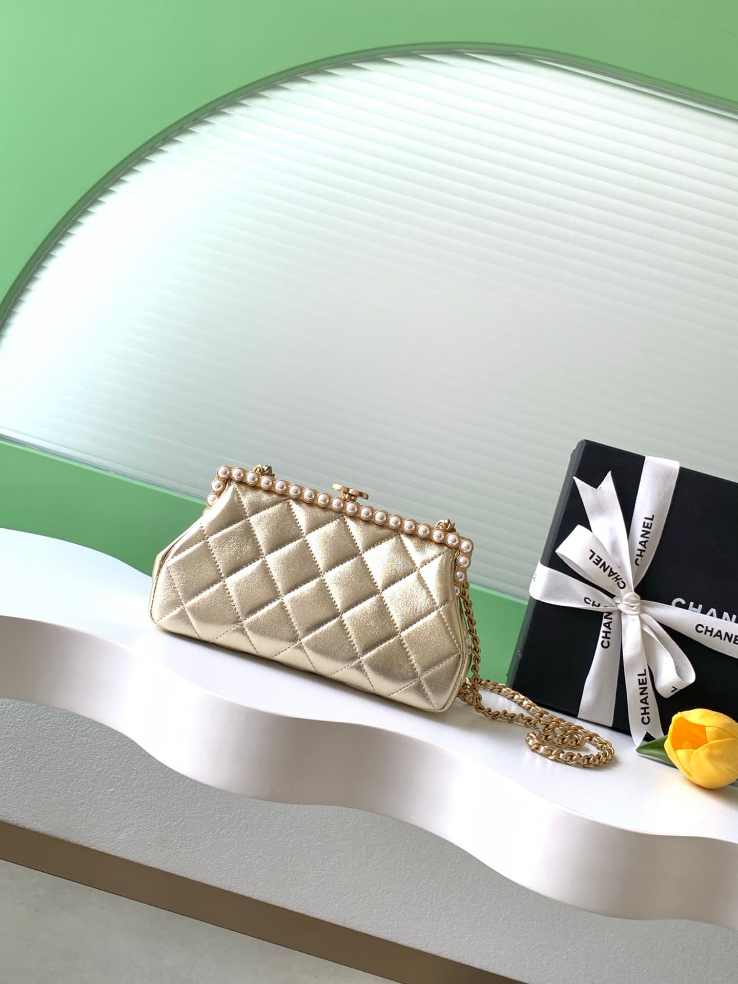 Chanel Pearly Lambskin Imitation Pearls & Gold-Tone Metal Champagne Gold AS5912 A