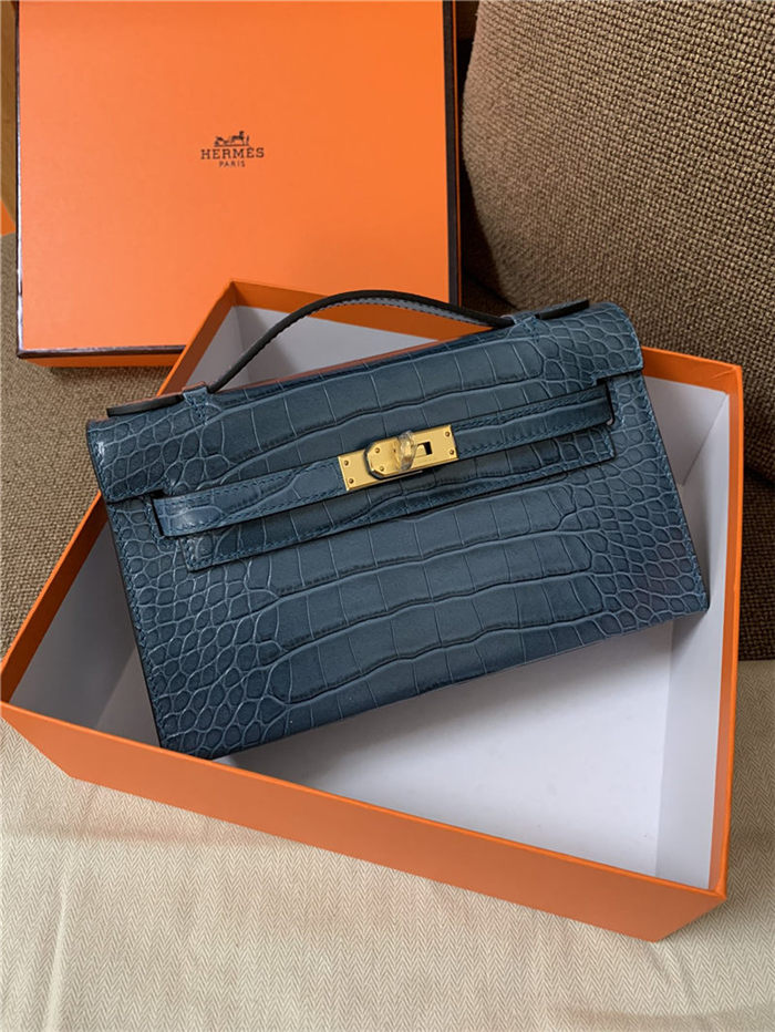 Hermes Kelly Pochette Bag Crocodile Silver/Gold Metal WAX High Customizing Style