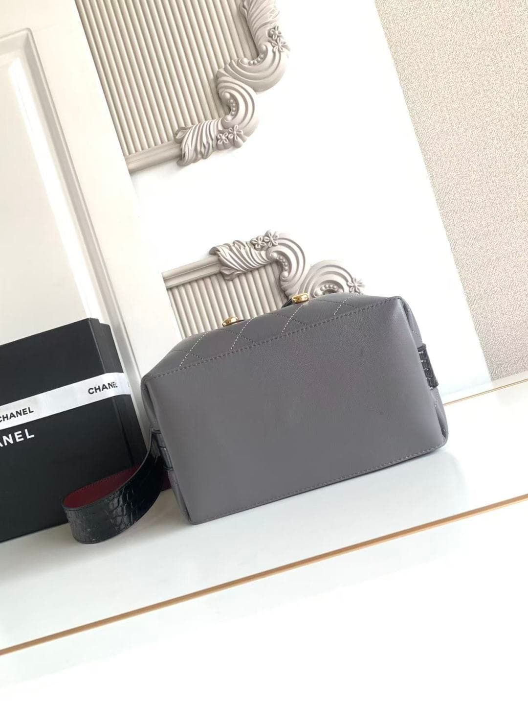 Chanel Bucket Bag Calfskin Leather & Gold-Tone Metal Grey AS6584 A