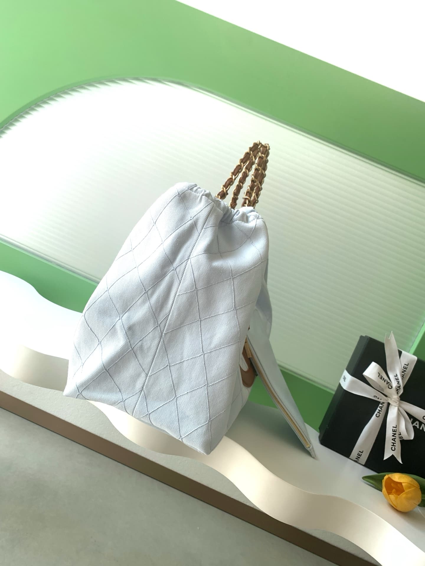 Chanel Coco Beach Small Shopping Bag Denim Calfskin & Gold-Tone Metal White & Brown A