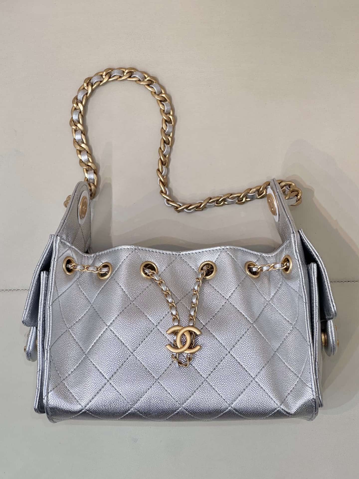 CHANEL 25 Mini Handbag AS5631 Grained Calfskin & Gold-tone Metal Silver TOP