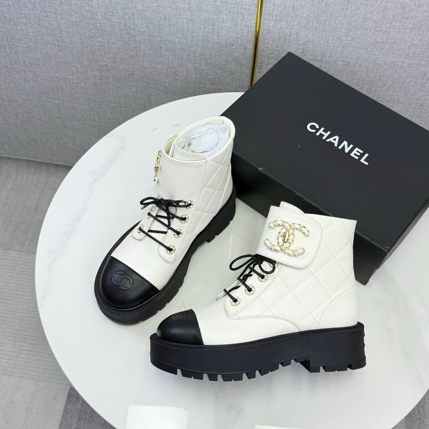 Chanel Shiny Calfskin Quilted Lace Up Combat Boots Shoes Women