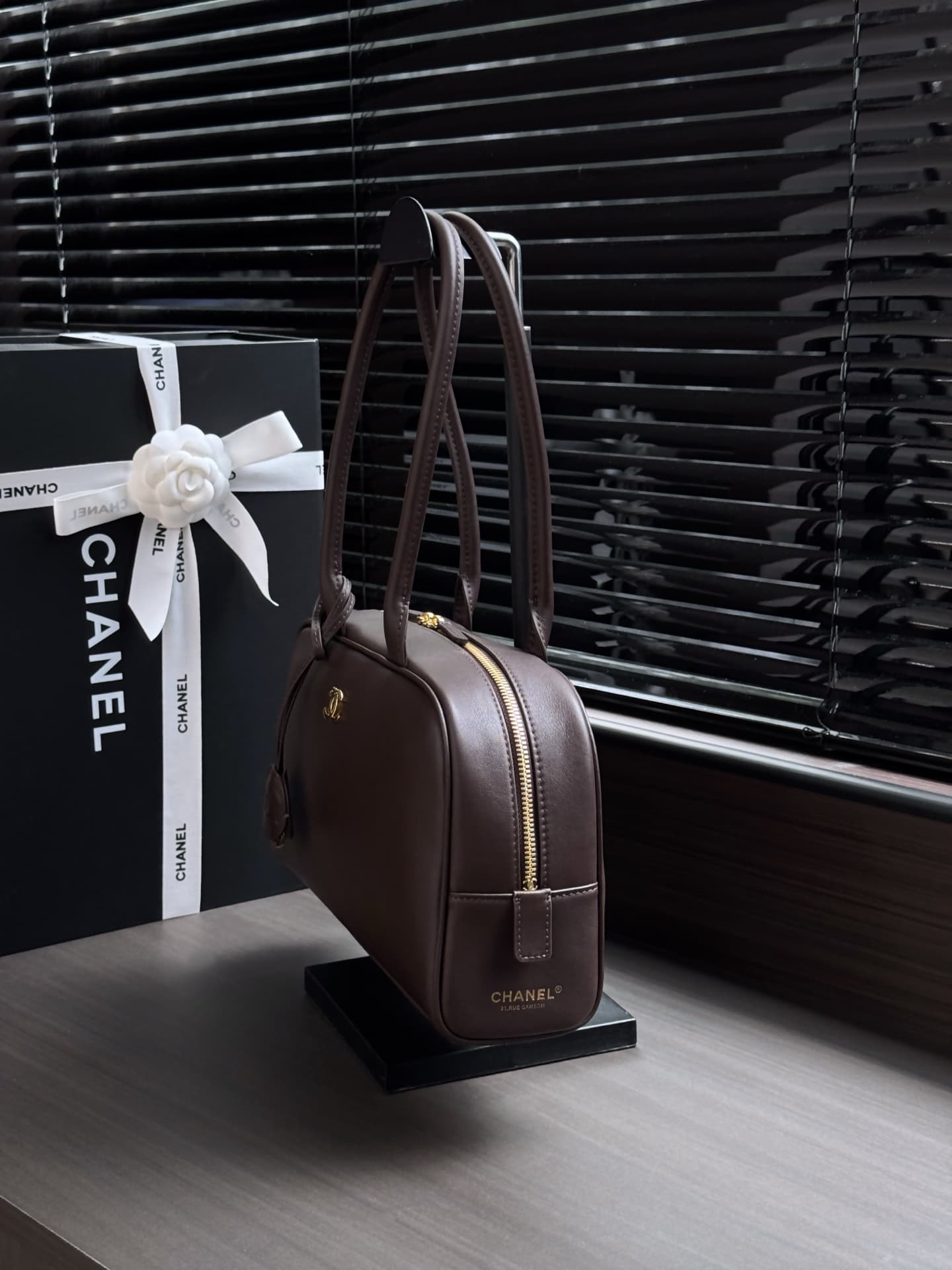 Chanel Large Bowling Bag Calfskin & Gold-Tone Metal Dark Brown AS6580 High