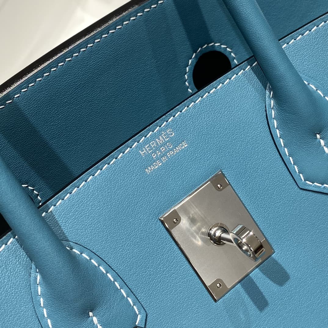 Hermes Shoulder Birkin 29 Swift leather Denim Fonce & Silver Metal WAX High