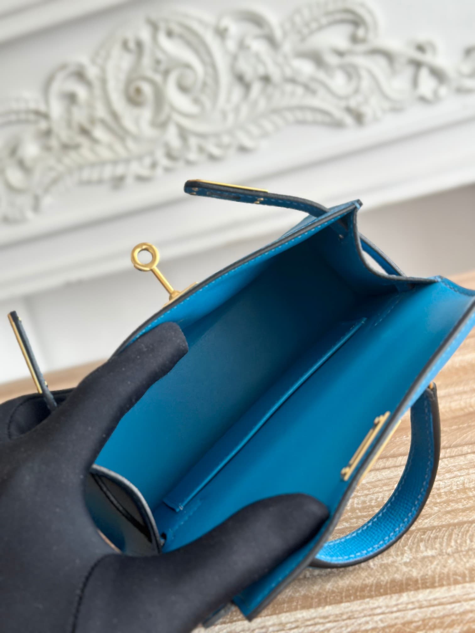 Hermes Kelly Mini II Bag Epsom Leather WAX Bleu Zanzibar High