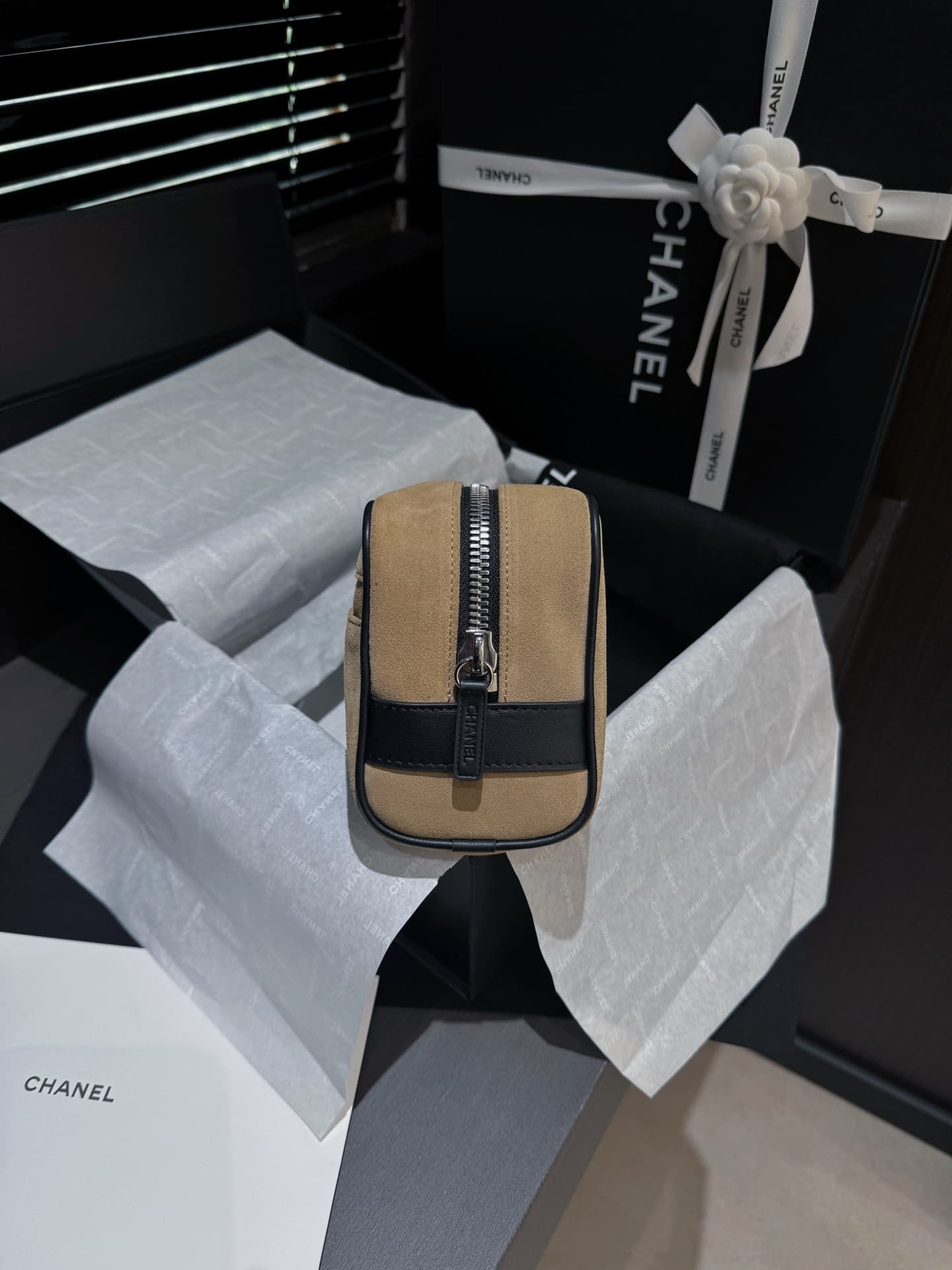 Chanel Small Zipped Pouch Suede Calfskin Beige AP5266 A