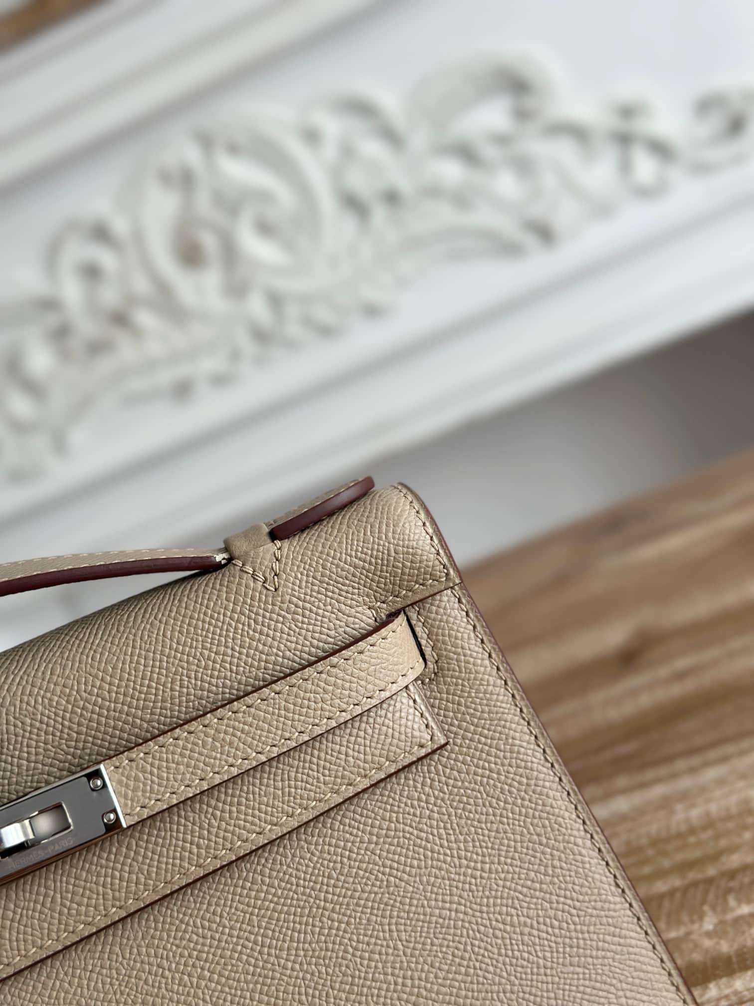 Hermes Kelly Pochette Bag Epsom Leather Silver/Gold Metal Trench WAX High