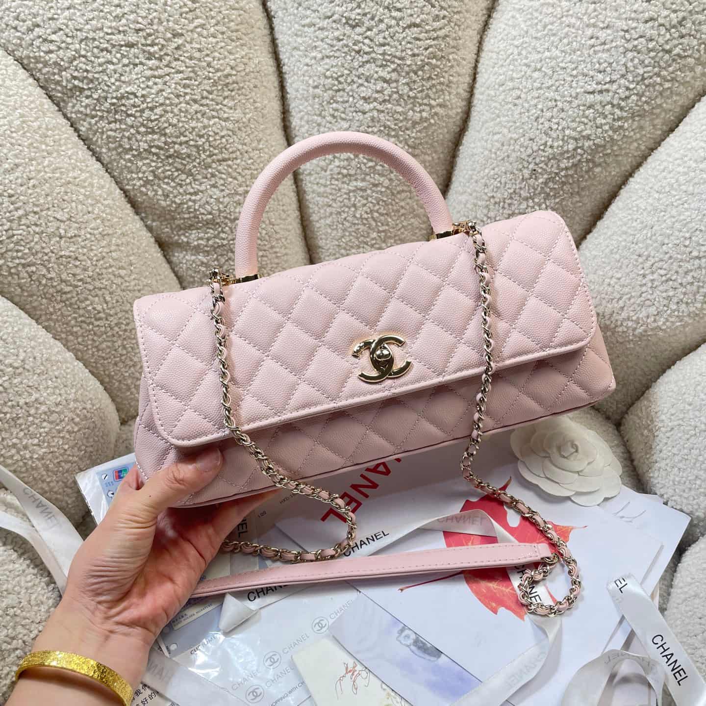 Chanel Maxi Flap Bag with Top Handle Grained Calfskin& Gold-Tone Metal AS6091 Pink A