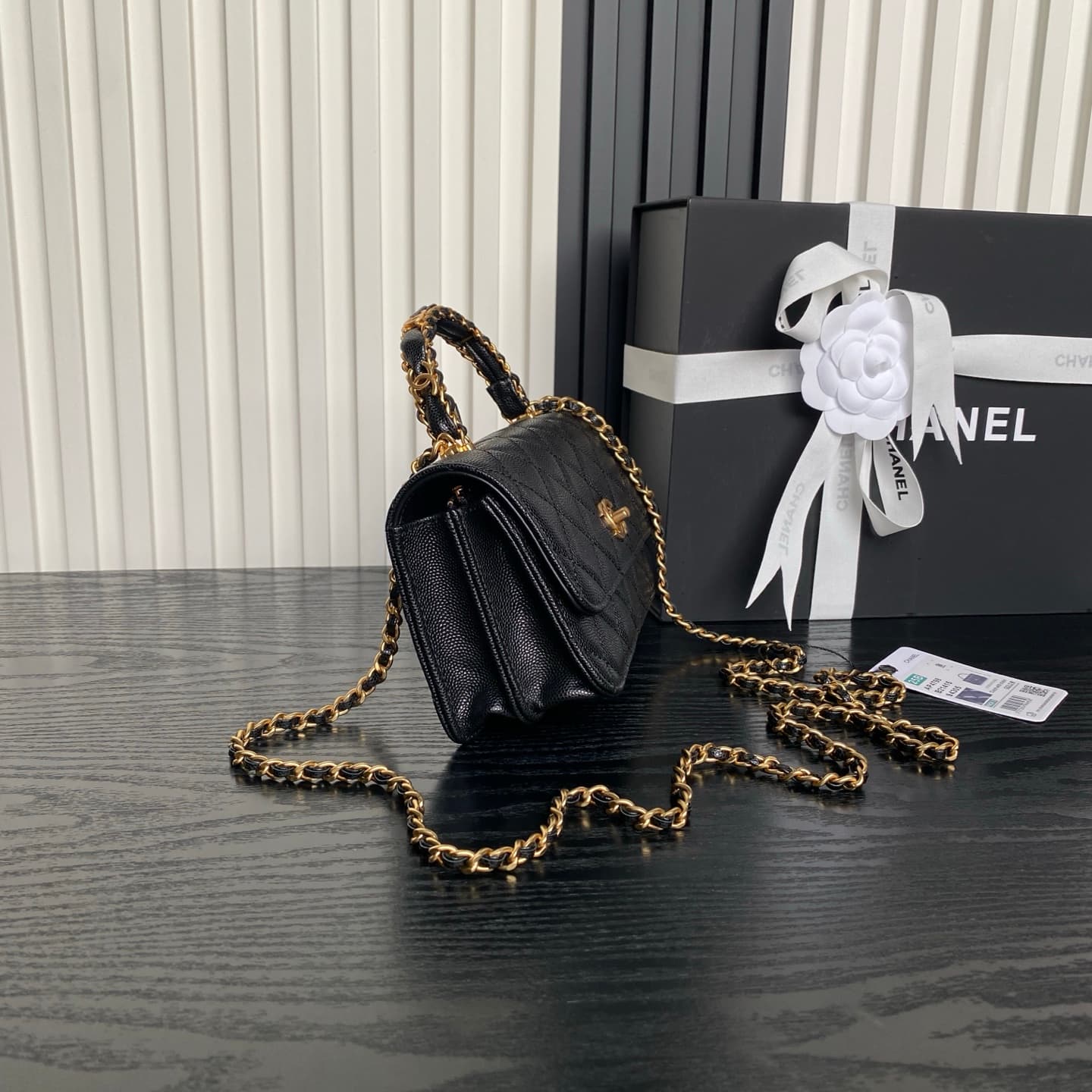 Chanel Mini Flap Bag with Top Handle Grained Shiny Calfskin & Gold-Tone Metal Black AP4798 A