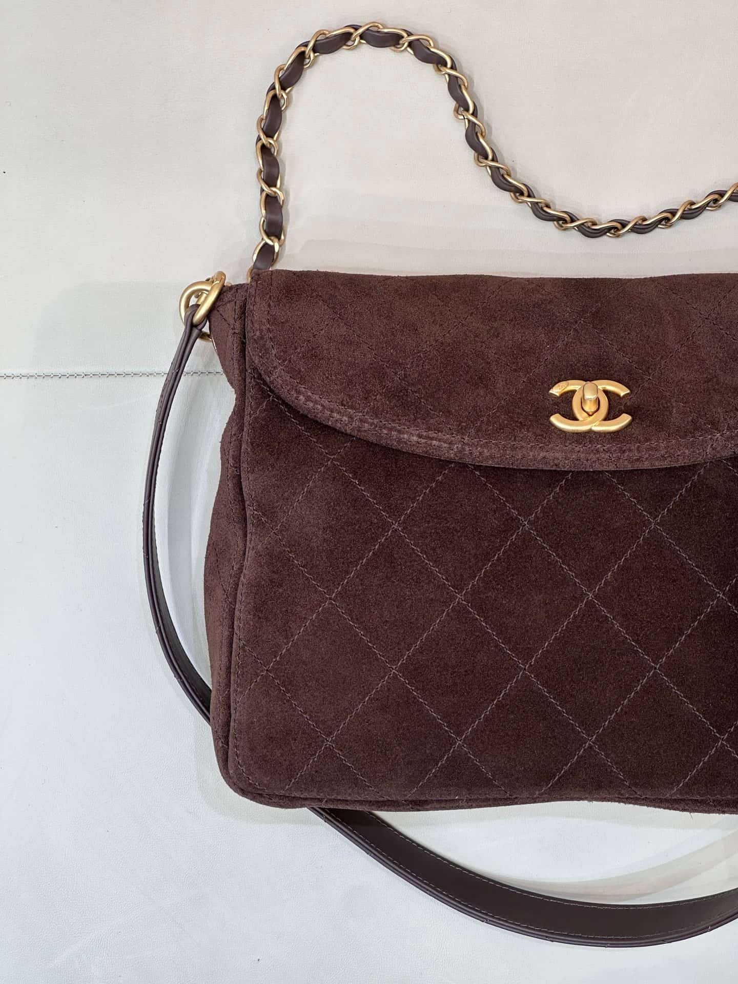 Chanel Matelasse Suede Shoulder Bag& Gold-Tone Metal Brown AS5883 TOP