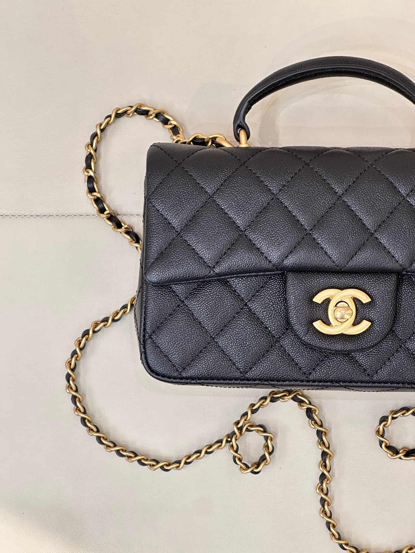 Chanel Mini Classic Handbag Grained Shiny Calfskin & Gold-Tone Metal AS2431 black TOP