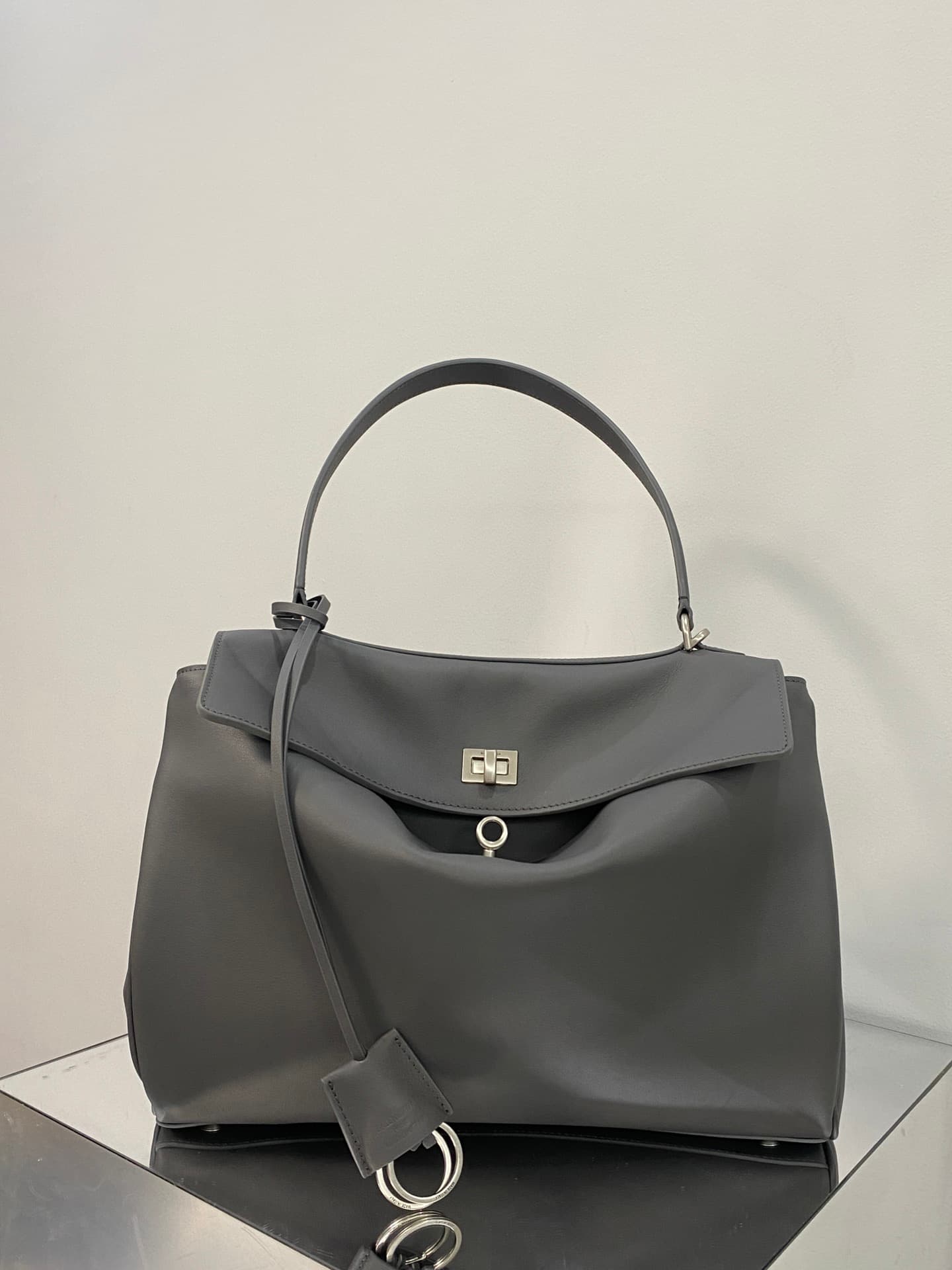 Balenciaga Rodeo Medium Bag in Grey Leather With Sliver-Tone Metal TOP