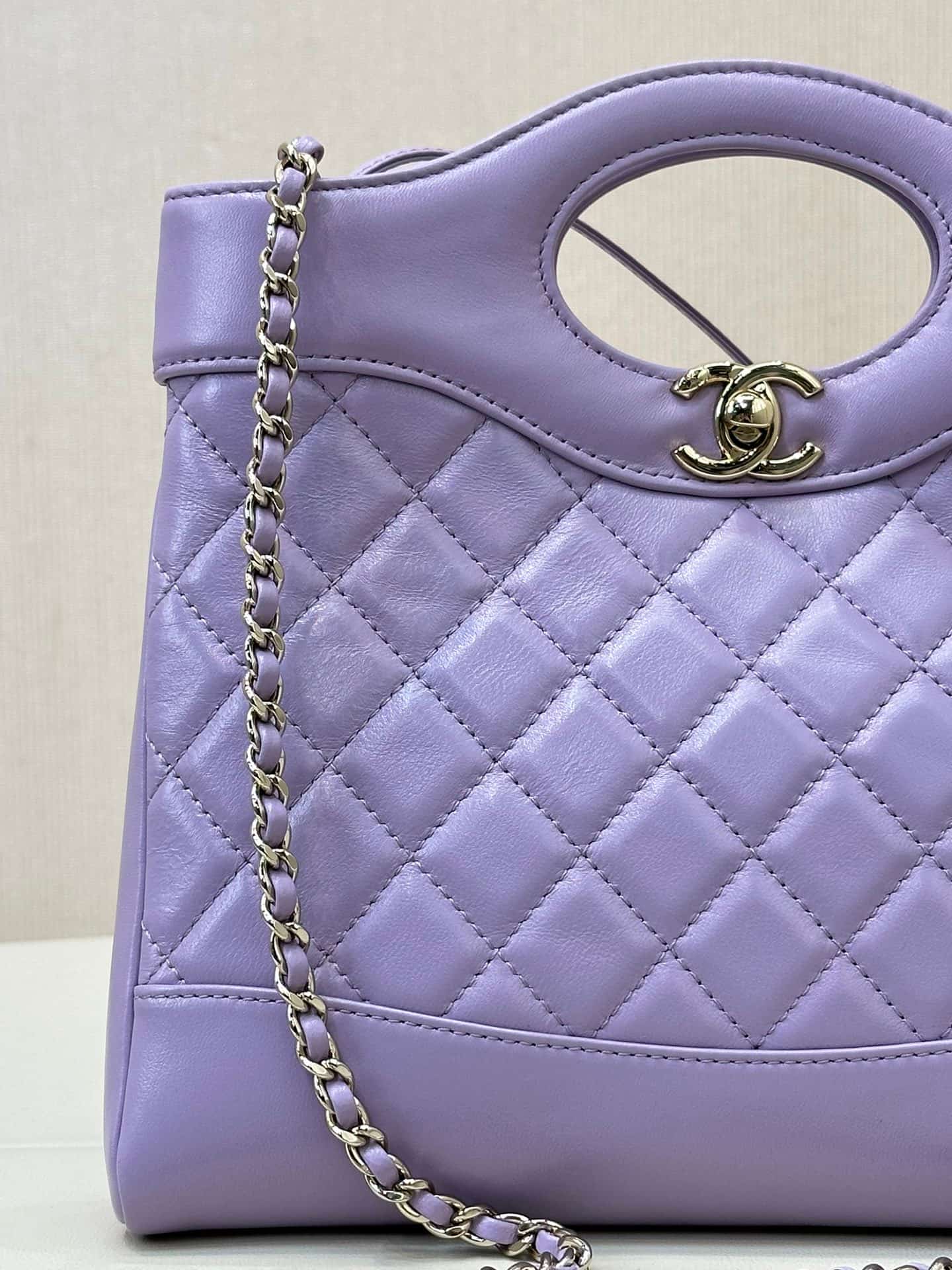 CHANEL 31 Mini Shopping Bag Shiny Calfskin & Gold-Tone Metal AS4133 Purple TOP