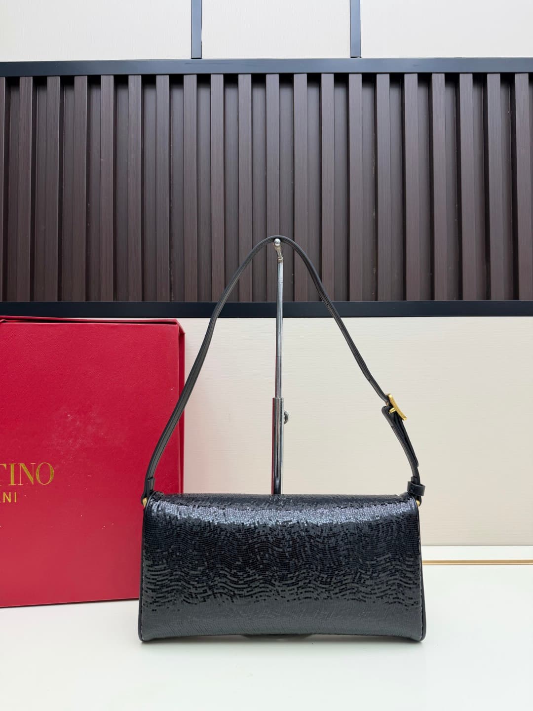 Valentino Garavani Devain Small Nappa Sequins Shoulder Bag Black High