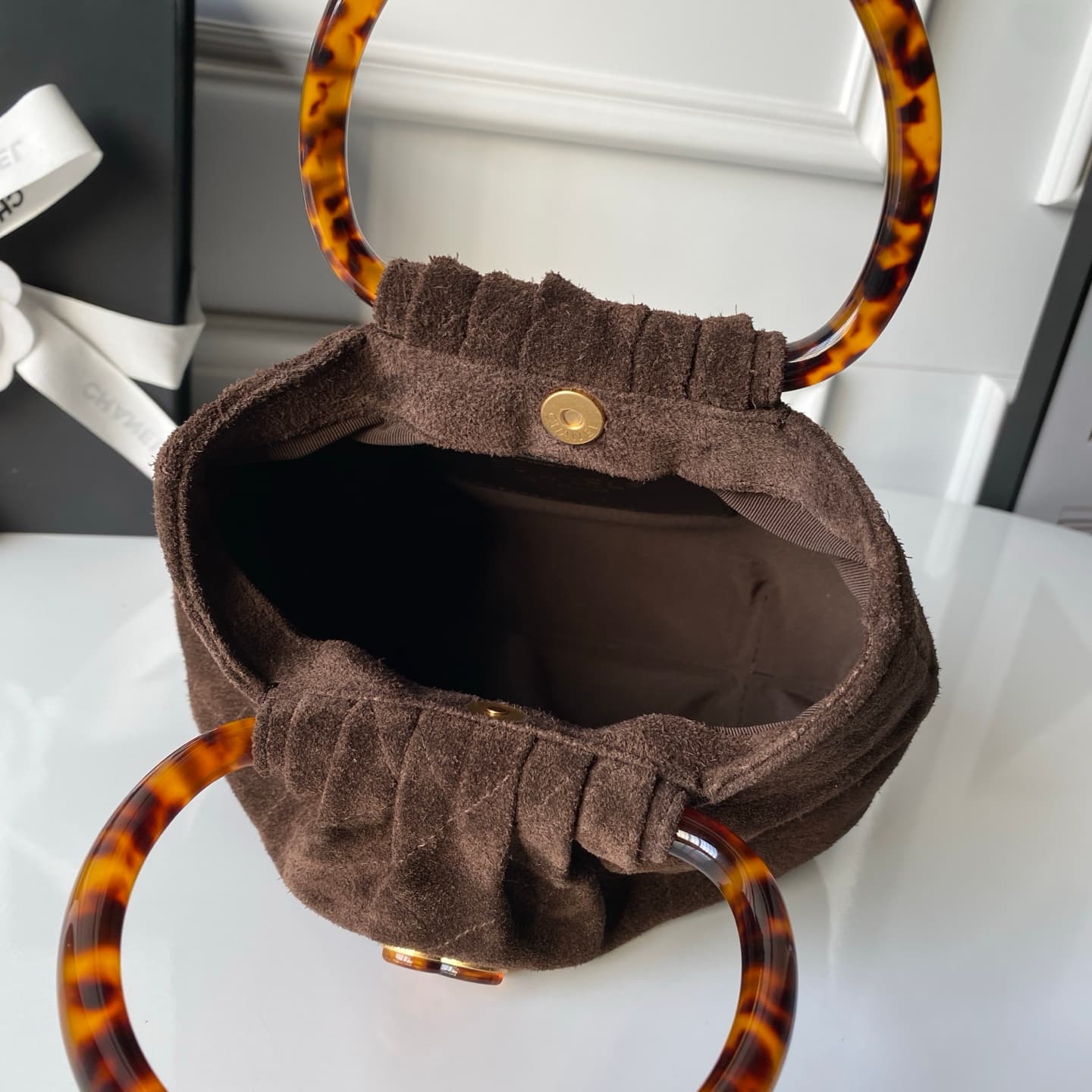 Chanel Small Hobo Bag Suede Calfskin Turtoise-Shell Effect Plexi & Gold-Tone Metal Brown AS6022 High