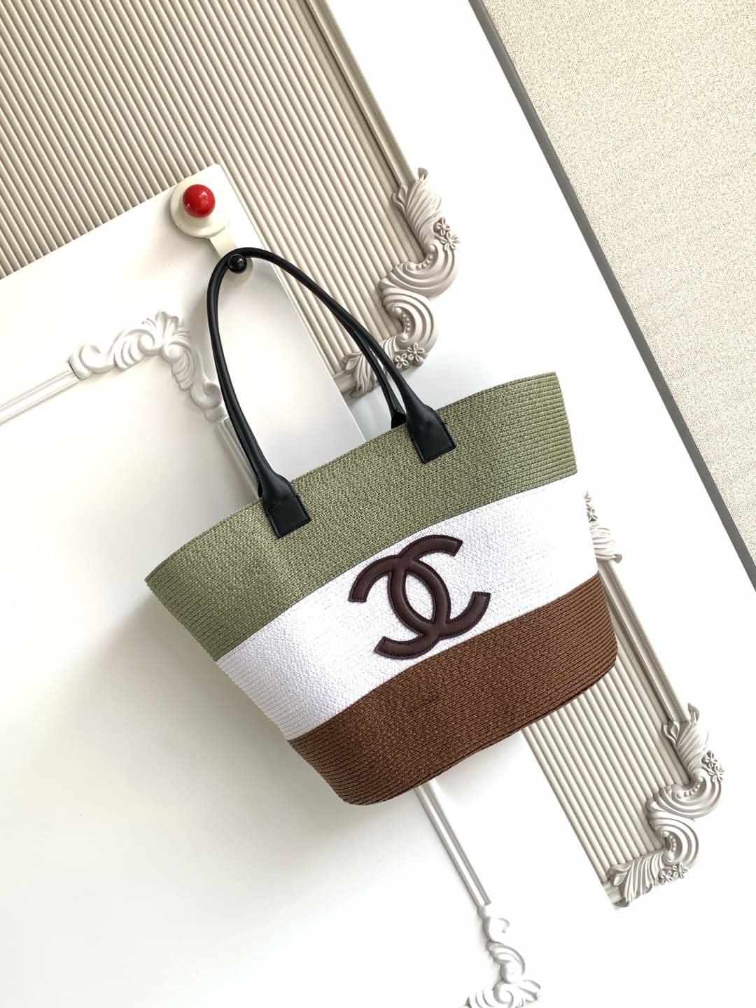 Chanel Coco Beach Shopping Bag Raffia & Calfskin Khaki White& Brown A