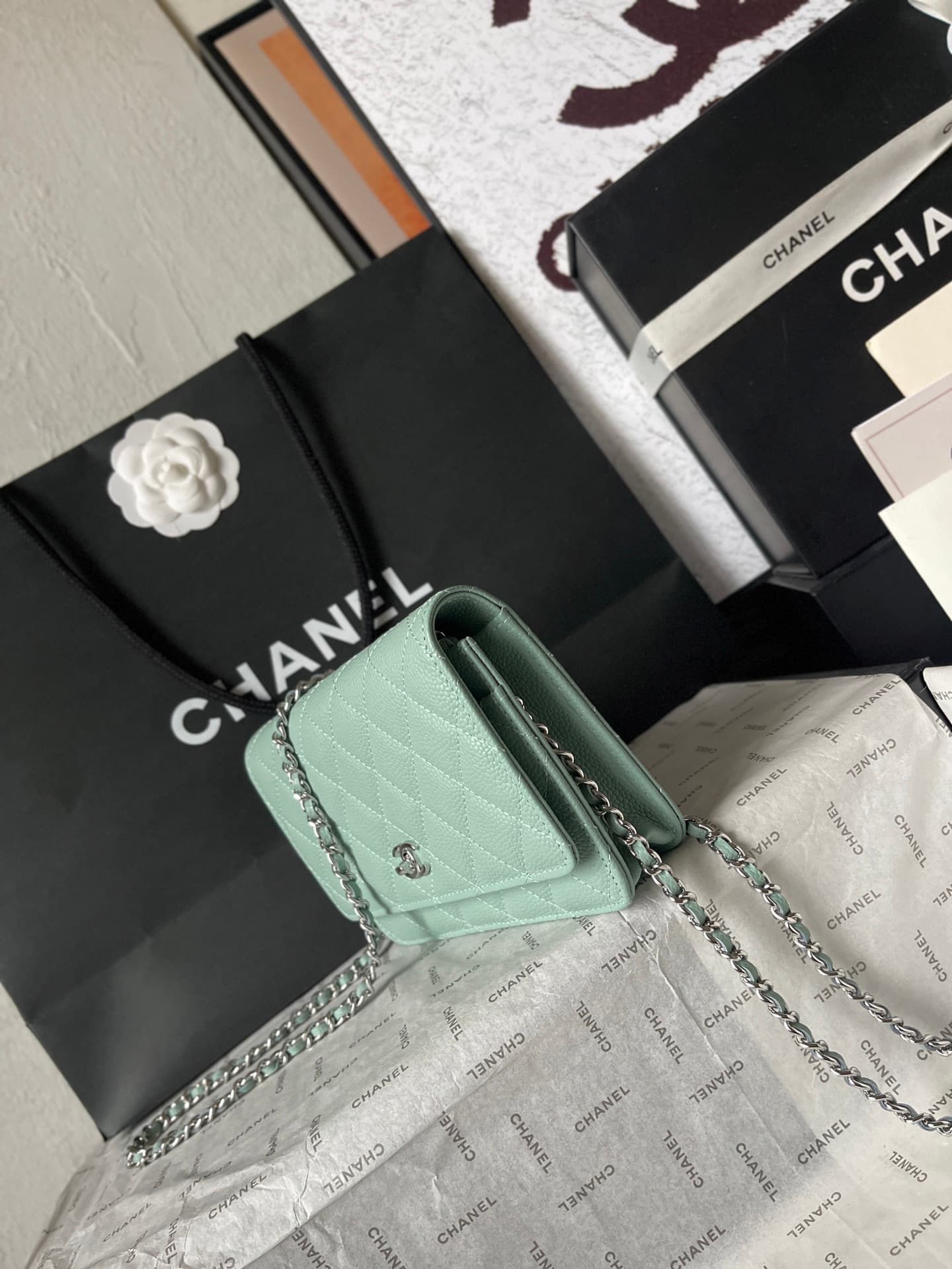 Chanel Classic Wallet on Chain Grained Shiny Calfskin & Silver-Tone Metal AP4241 Light Green A