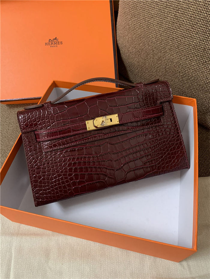 Hermes Kelly Pochette Bag Crocodile Silver/Gold Metal WAX High Customizing Style