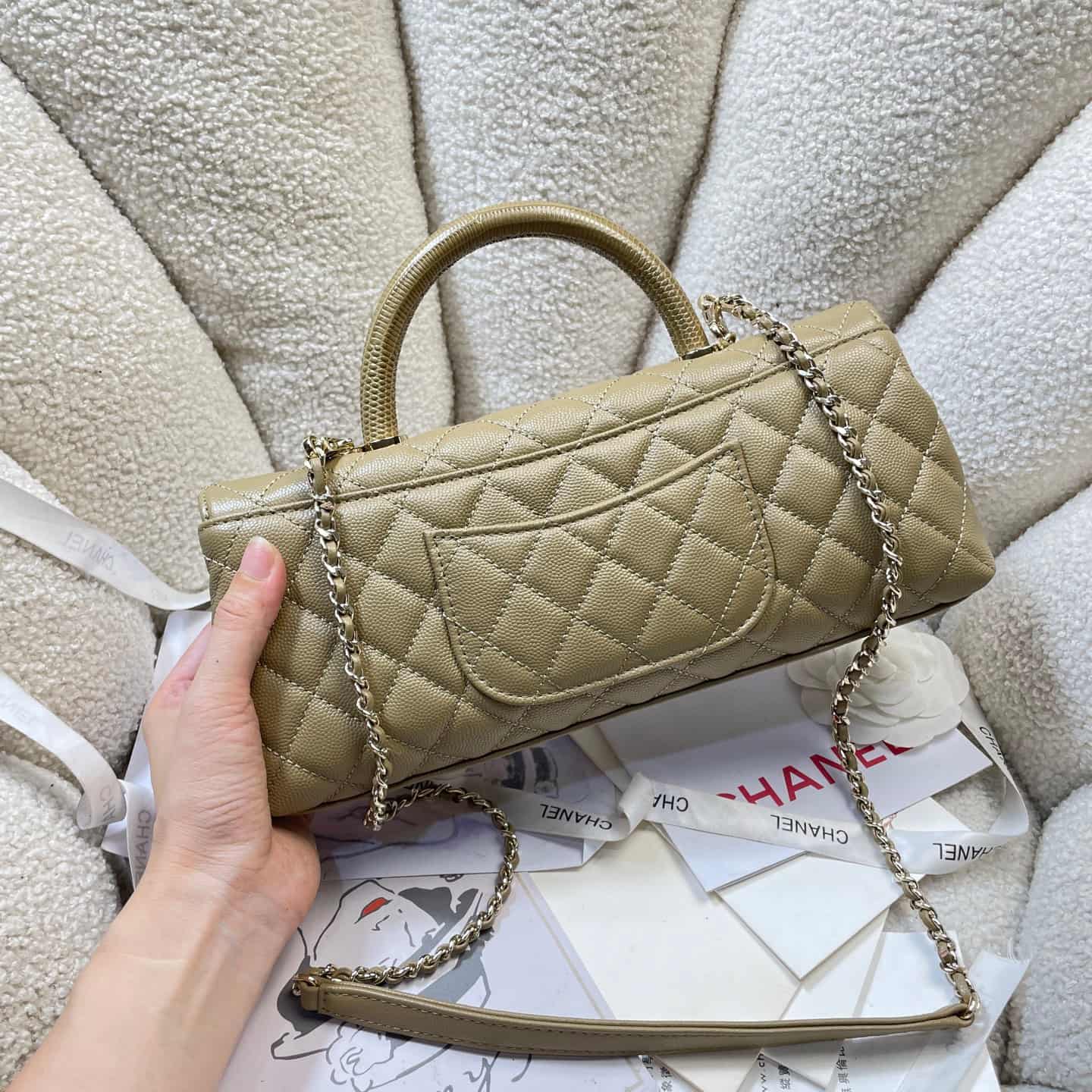 Chanel Maxi Flap Bag with Top Handle Grained Calfskin& Gold-Tone Metal AS6091 Dark Yellow A