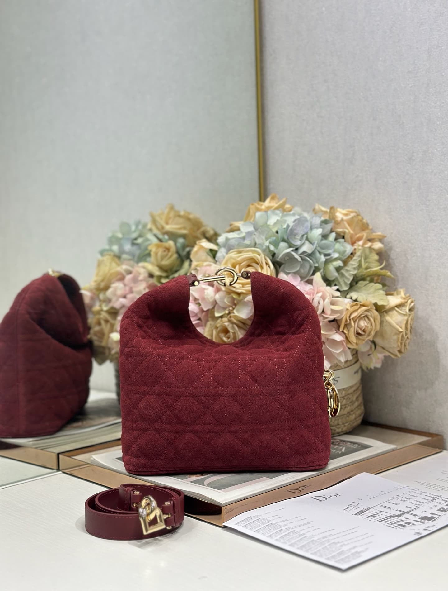 Dior Quilting Suede Handbag Burgundy High