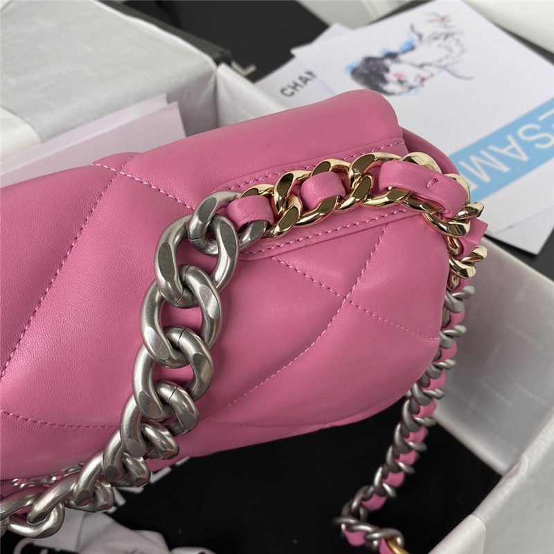 Large Chanel 19 Flap Bag Lambskin Dark Pink Silver High
