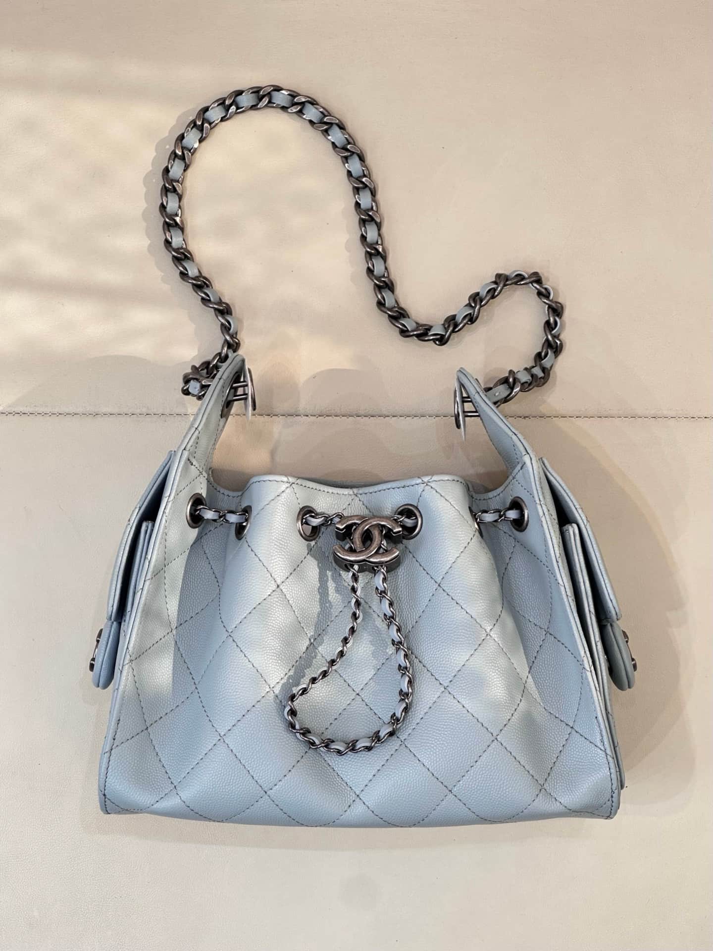 CHANEL 25 Mini Handbag AS5631 Grained Calfskin & Black & Silver-Tone Metal Light Blue TOP