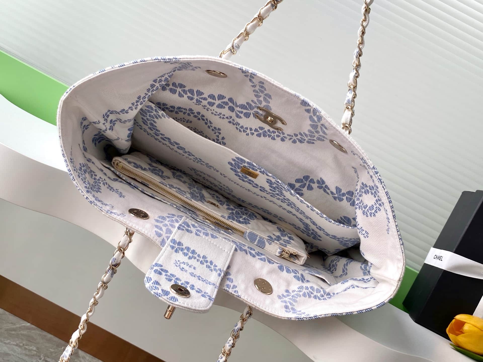 Chanel Beach Hobo Handbag Printed Cotton & Gold-Tone Metal AS5429 White and Blue A