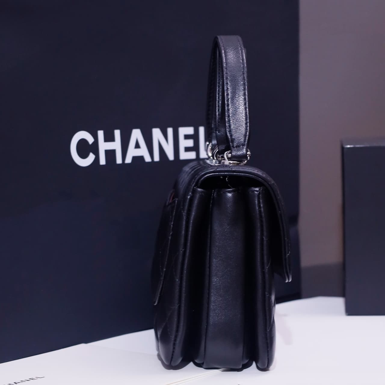 Chanel MINI FLAP BAG WITH TOP HANDLE AS4654 Lambskin &Silver-Tone Metal Black A