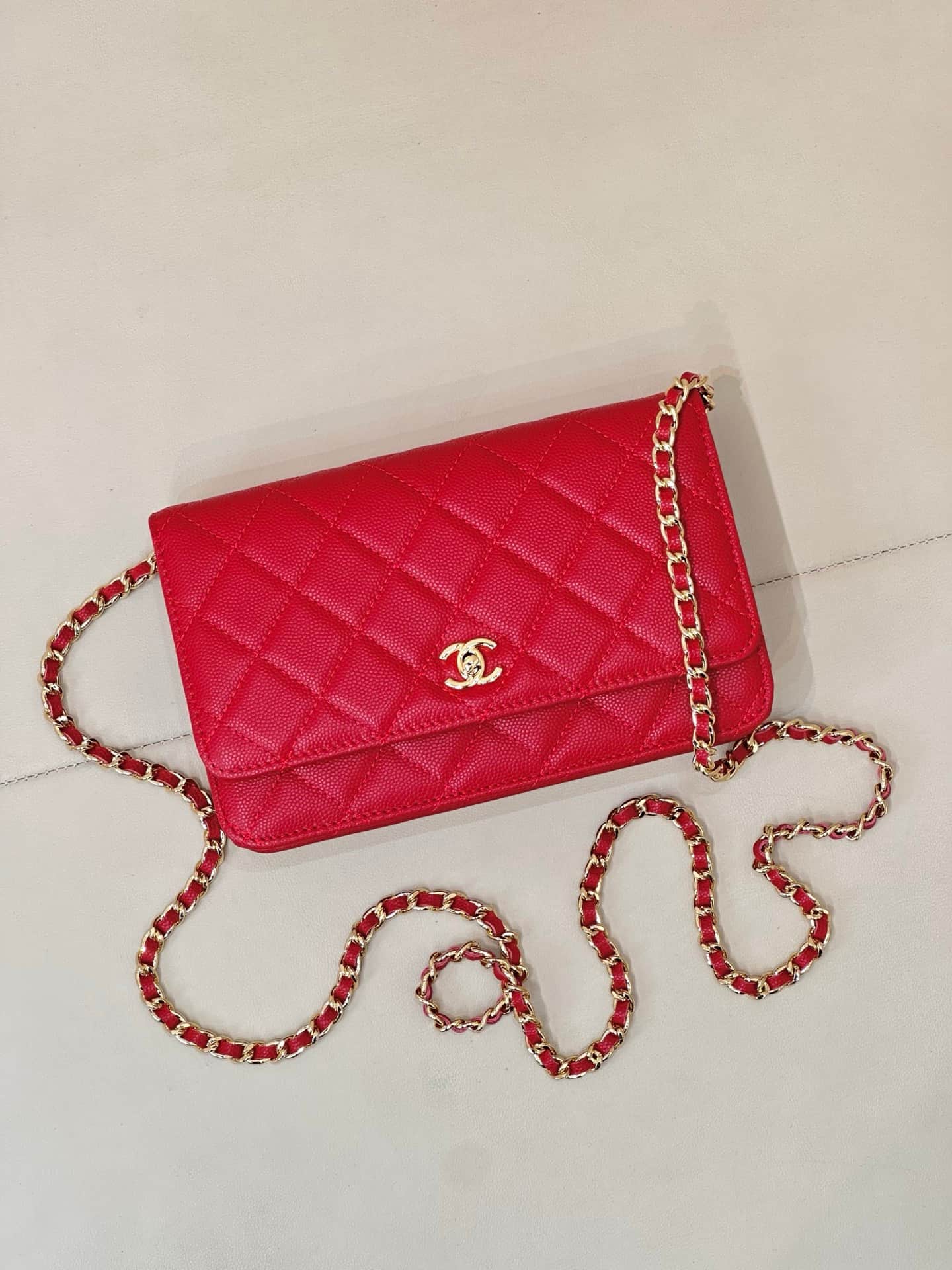 Chanel Classic Wallet on Chain Grained Shiny Calfskin& Gold-Tone Metal AP4241 Red TOP