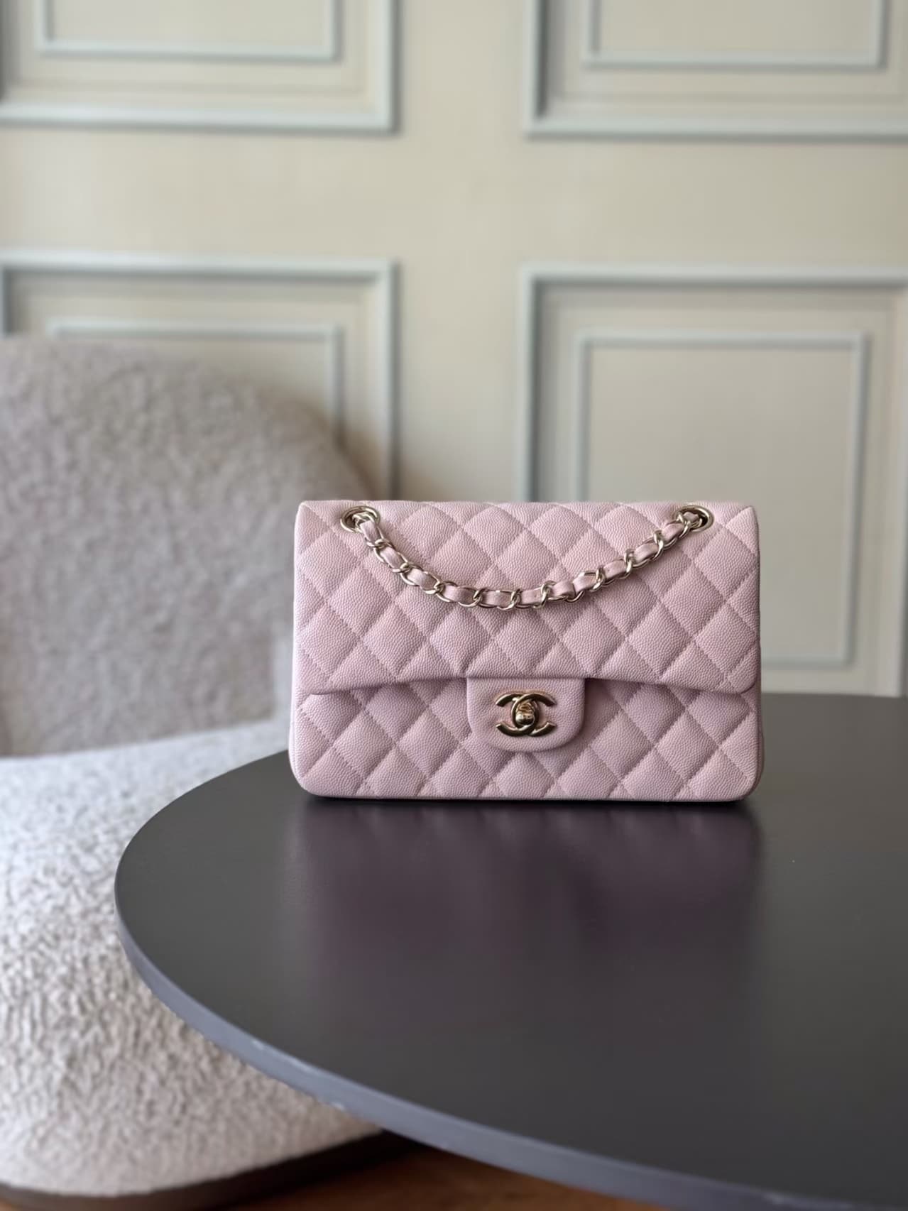 Chanel Small CLASSIC HANDBAG Grained Calfskin Gold-Tone Metal Pink 1117 TOP