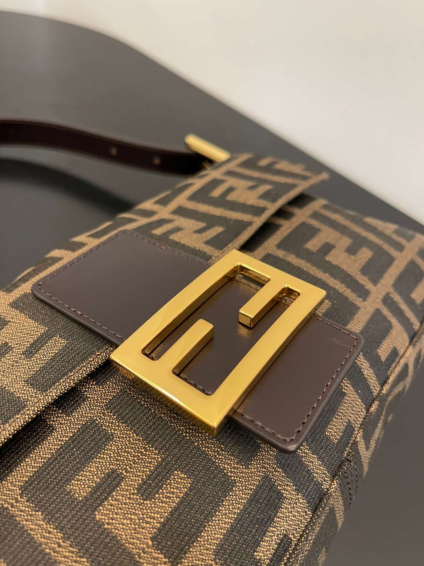 FENDI BAGUETTE fabric bag gold metal Brown High