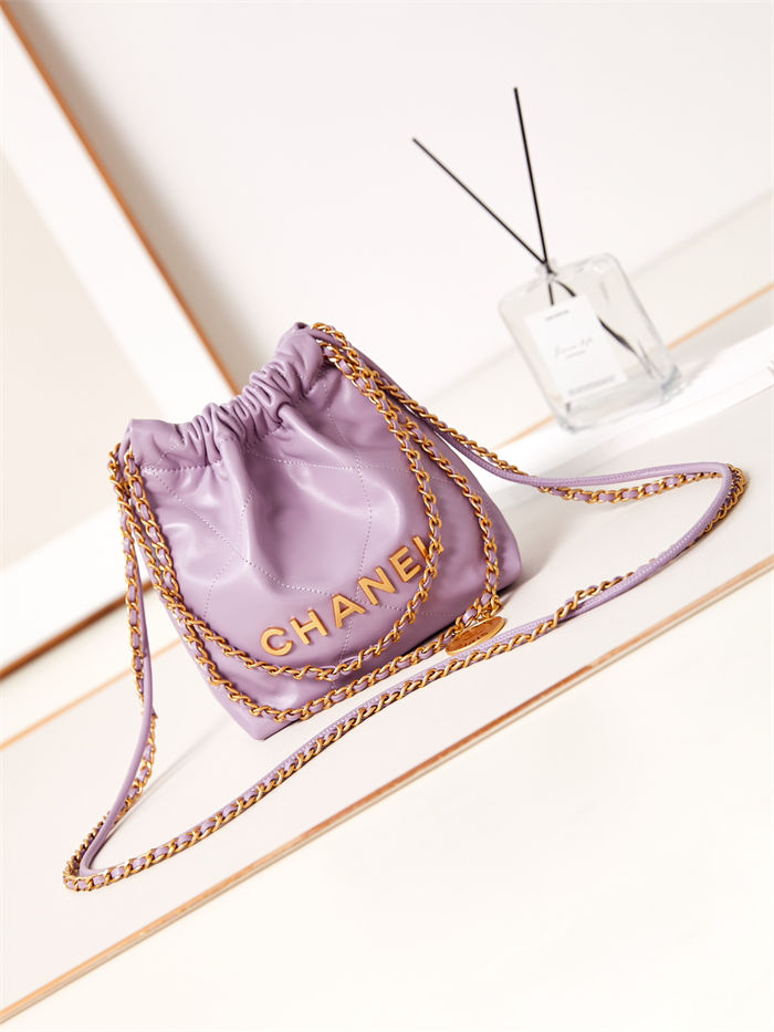 Chanel 22 MINI HANDBAG Shiny Calfskin Purple & Gold-Tone Metal AS3980 A