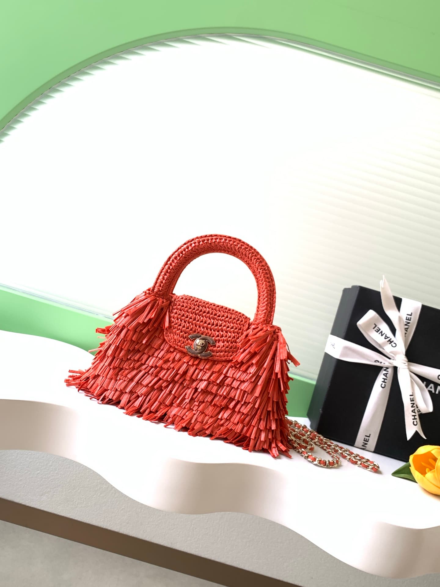 Chanel Mini Shopping Bag Raffia-Effect Fabric, Wood & Gold-Tone Metal Red AS4416 A