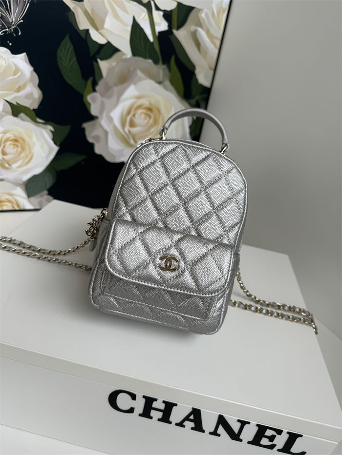 Chanel Mini Backpack Grained Calfskin Gold-Tone Metal AP3753 Silver A