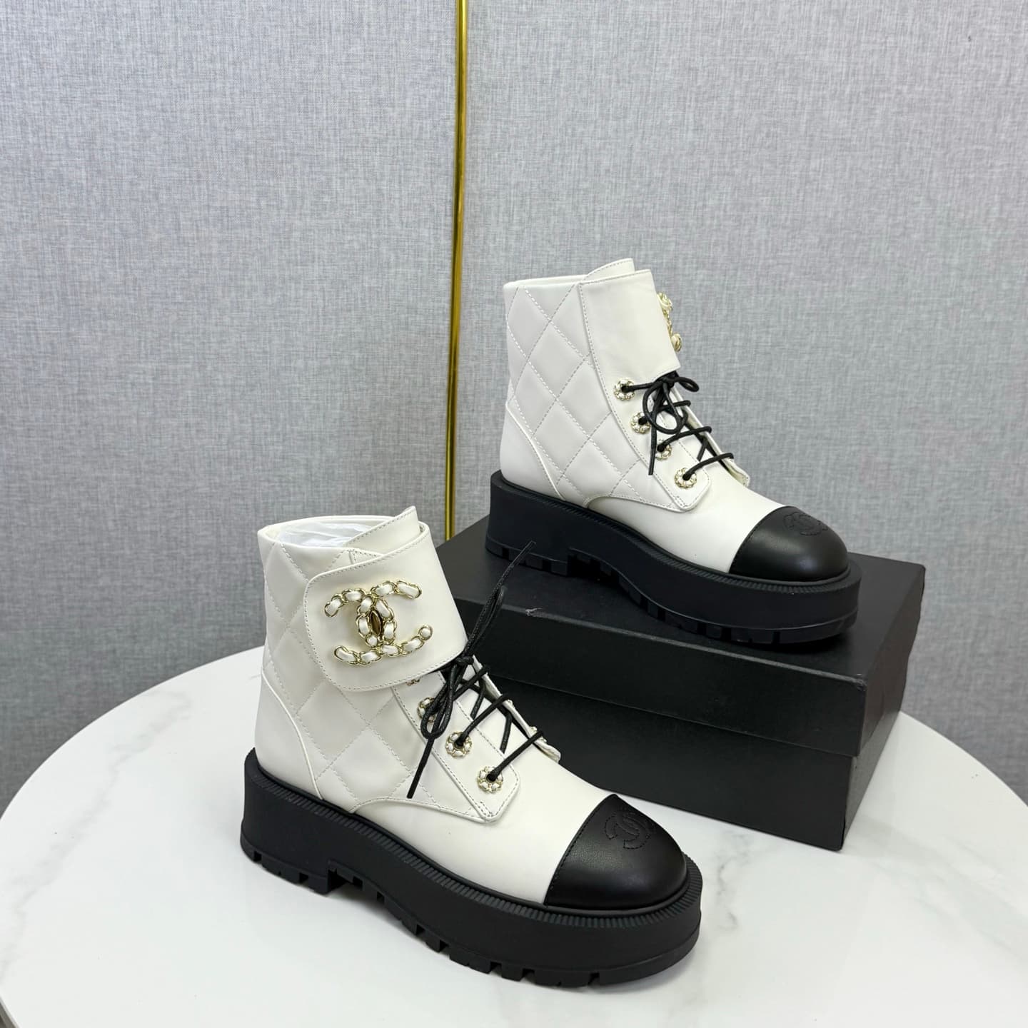 Chanel Shiny Calfskin Quilted Lace Up Combat Boots Shoes Women