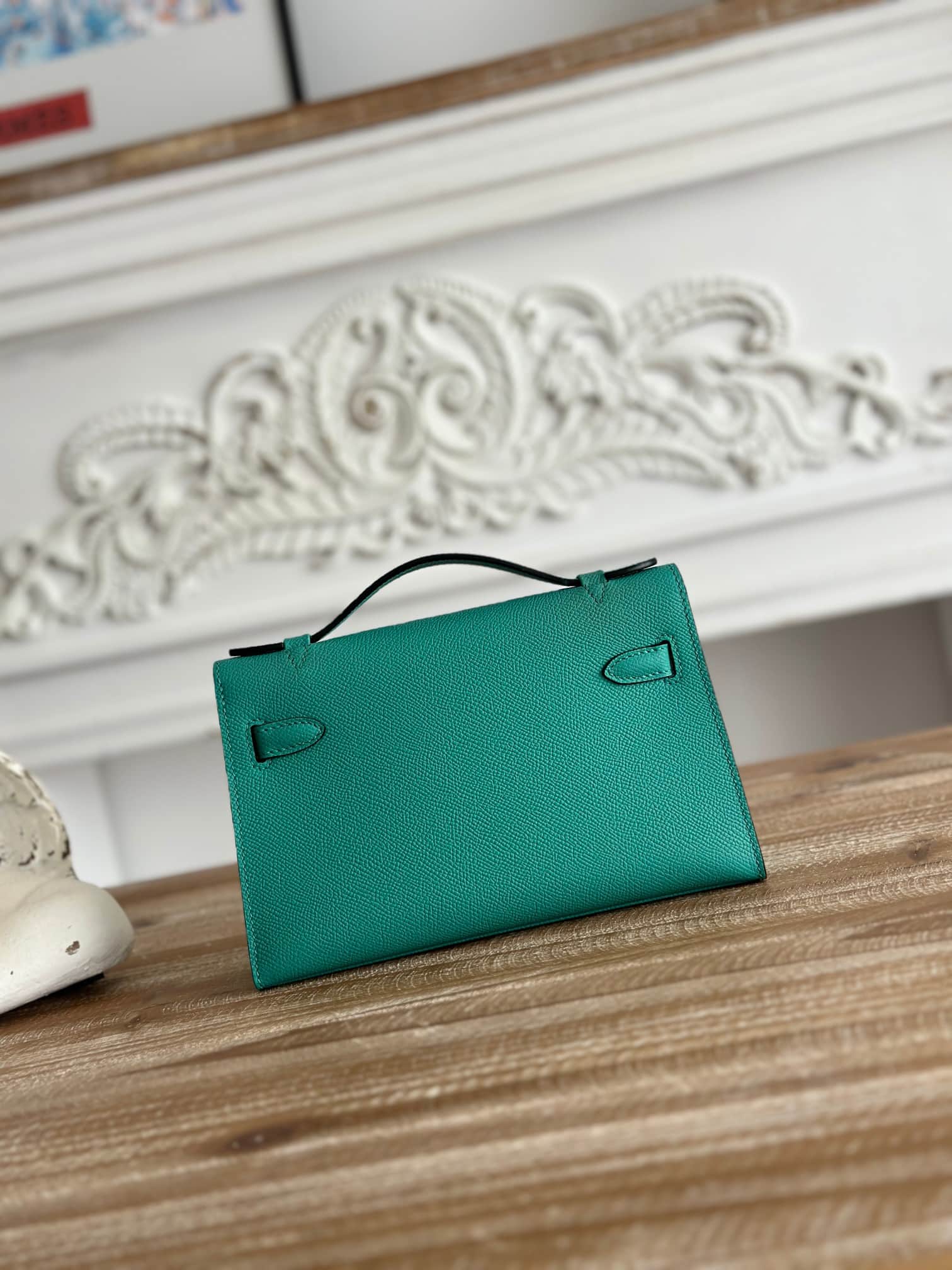 Hermes Kelly Pochette Bag Epsom Leather Silver/Gold Metal Malachite WAX High