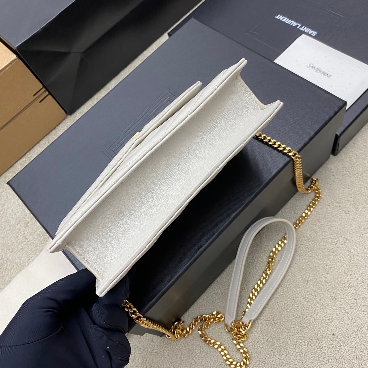 Saint Laurent Monogram Matelassé Cassandre Wallet on Chain White Lambskin 393953 High