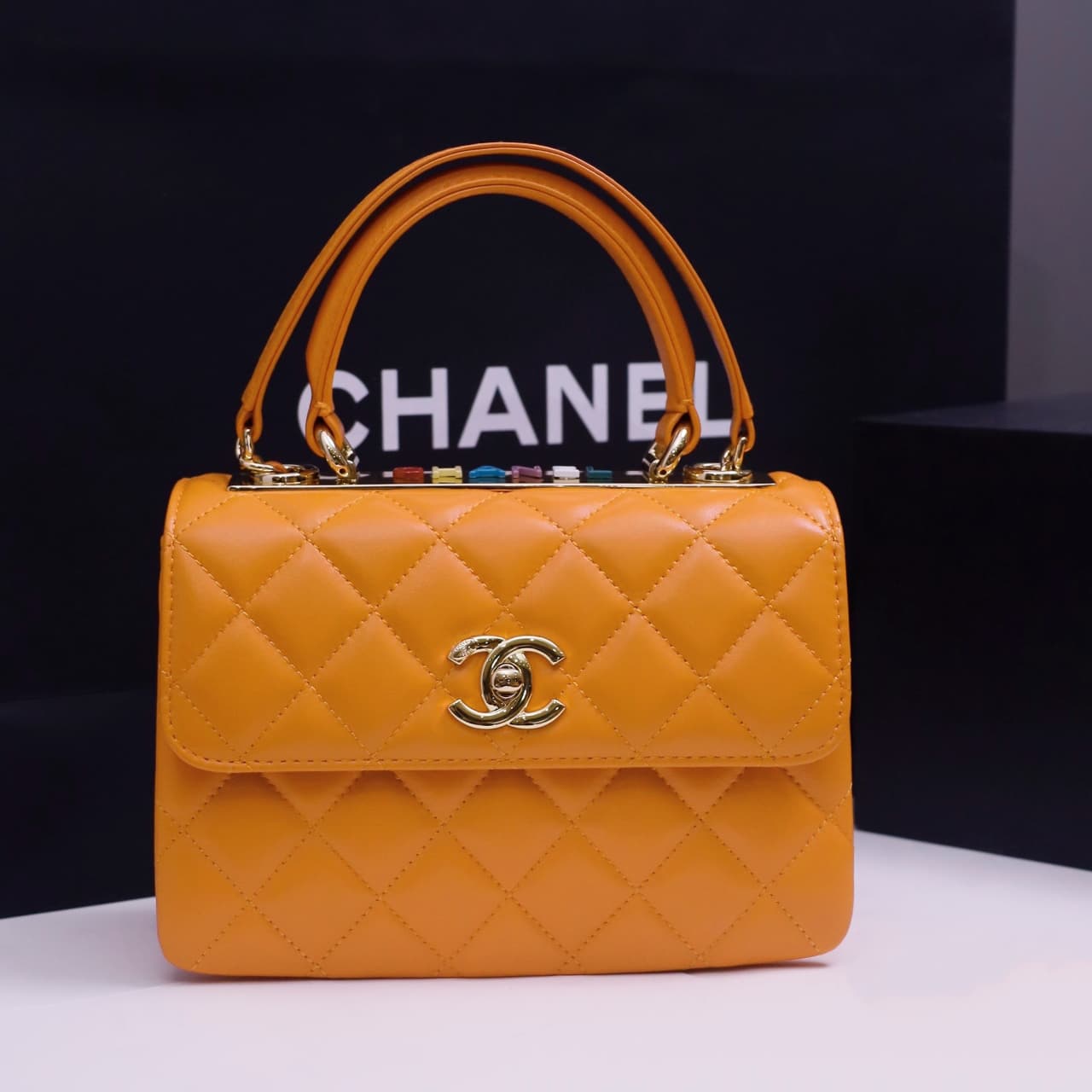 Chanel MINI FLAP BAG WITH TOP HANDLE AS4654 Lambskin &Gold-Tone Metal Orange A