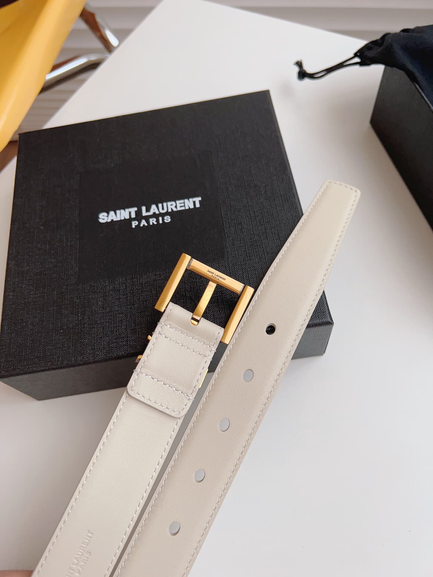 YSL CASSANDRE BELT WITH SQUARE BUCKLE IN SHINY BOX LEATHER High