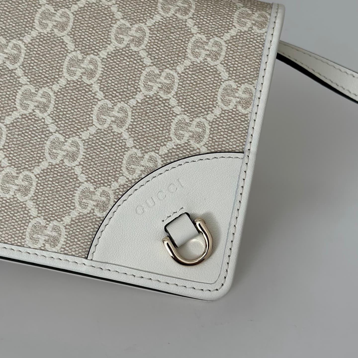 Gucci GG Emblem wallet beige and white fabric with leather strap 820688 High