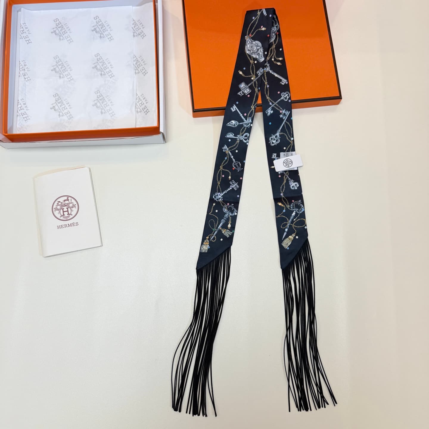 Hermes Les Cles a Pois Fringed Silk Twilly
