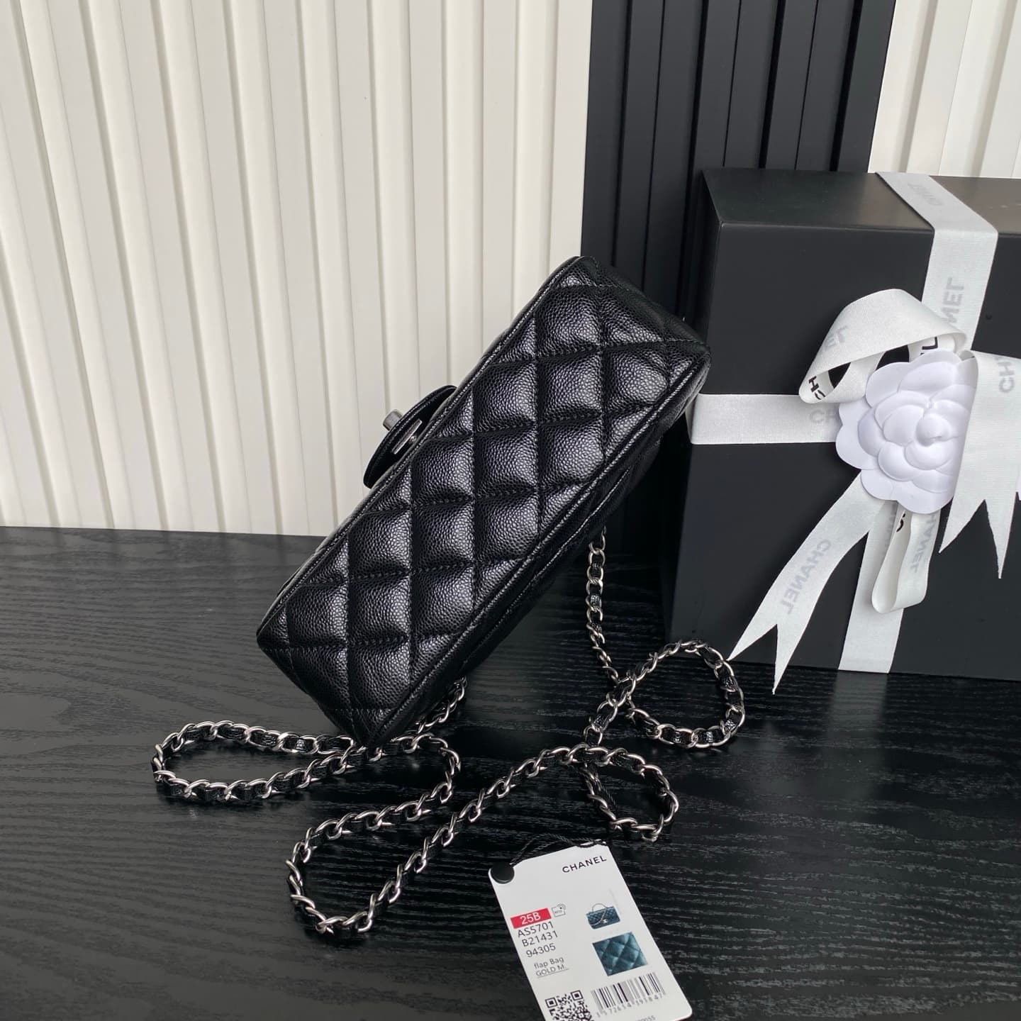 Chanel Mini Flap Bag with Top Handle Grained Shiny Calfskin & Silver-Tone Metal Black AS5702 A