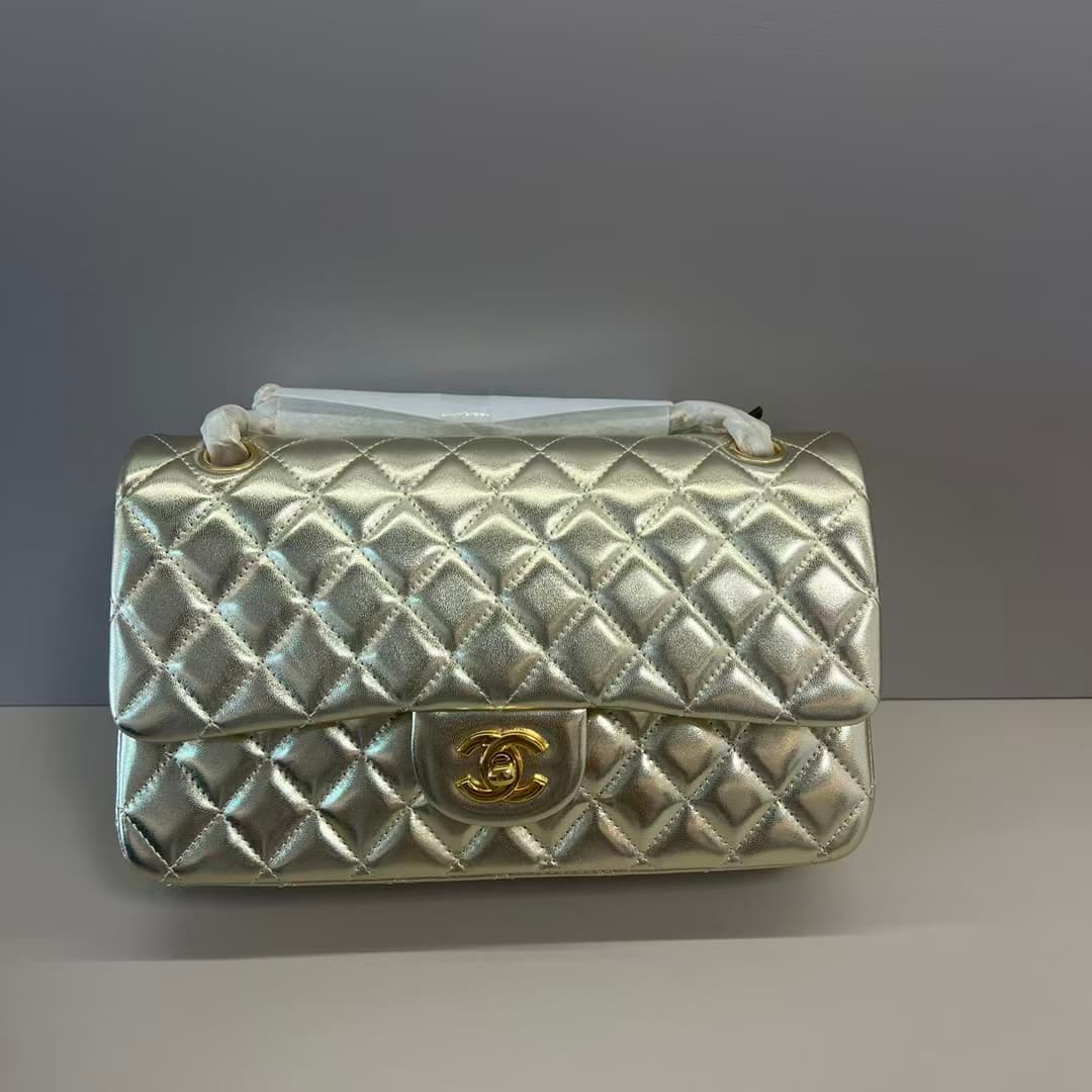 Chanel Classic Handbag Metallic Gold Quilted Lambskin Gold-Tone Metal A